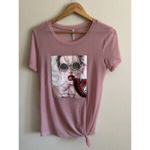 Pink Berry pink Faux Pearls short sleeve Front Knot Sheer Mesh Top L